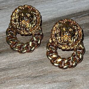 Vtg Anne Klein LION Door Knocker Earrings Pierced Matte Gold Tone Chunky